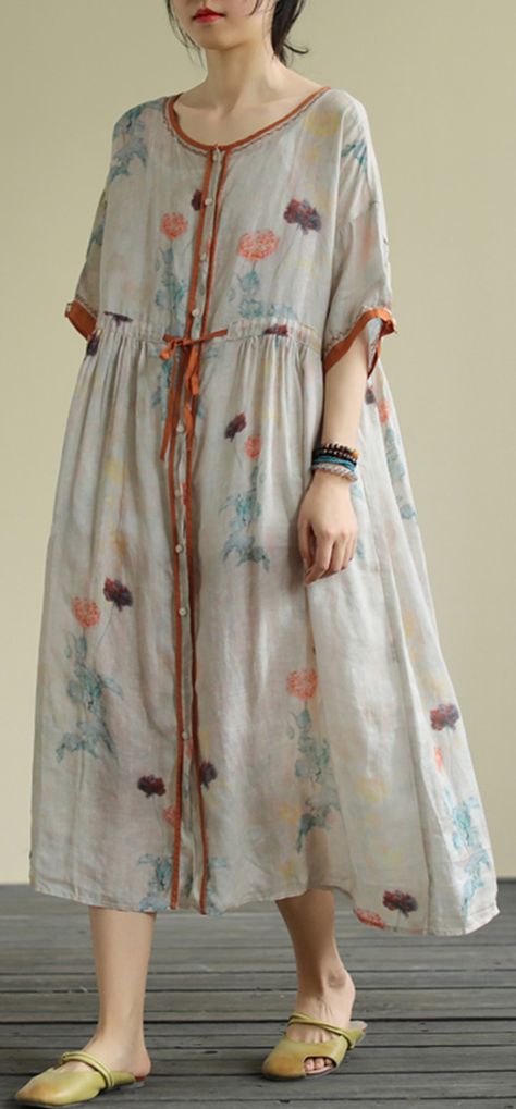 DIY floral linen Long Shirts o neck drawstring Robe summer Dresses Repurposed Shirts, Summer Dresses Diy, Dresses Materials, Loose Summer Dress, Baggy Dresses, Creative Clothing, Orange Chiffon, Long Linen Dress, Short Summer Dresses