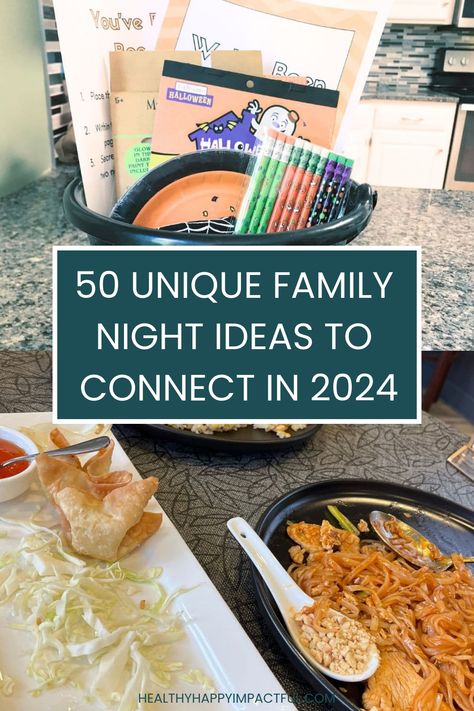 A visual collage featuring family night ideas with takeout food, colorful markers, and a Halloween-themed card, emphasizing connection in 2024. Family Night In Ideas, Family Night Activities At Home, Spooky Family Night, Family Things To Do At Home, Family Game Night Ideas For Kids, Family Ideas Activities, Family Fun Night Ideas At Home, At Home Family Activities, Family Engagement Activities