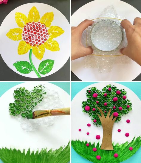 DIY Bubble Wrap Painting Art Hack for Beginners | art of painting, art, Bubble Wrap | Easy Bubble Wrap Painting Technique for Kids :) | By Kids Art & Craft | Facebook | Hello everyone, today we will make a sunflower using bubble wrap and leaves. First take any round structure, put bubble wrap then take a leaf and make petals of the flower then make its stem, its leaves and look a simple yet beautiful sunflower is ready. We are going to make a beautiful tree artwork using bubble wrap. For that fi Bubble Wrap Flower Painting, Bubble Wrap Crafts For Kids, Bubble Wrap Painting For Kids, Bubble Wrap Activities, Bubble Wrap Painting, Bubble Wrap Crafts, Bubble Wrap Art, Beginners Art, Sunflower Artwork