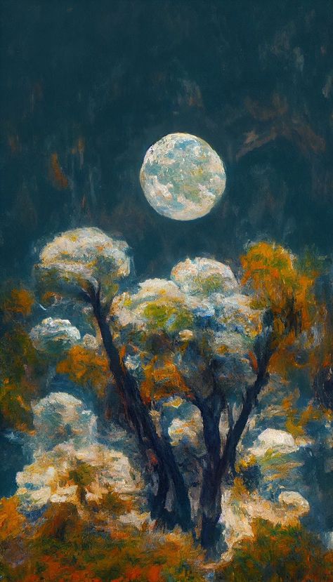 Impressionist Digital Art, Drawn Tree, Monet Paintings, Bedroom Idea, Moon Rise, Night Painting, Impressionist Art, Birthday Nails, Stars At Night