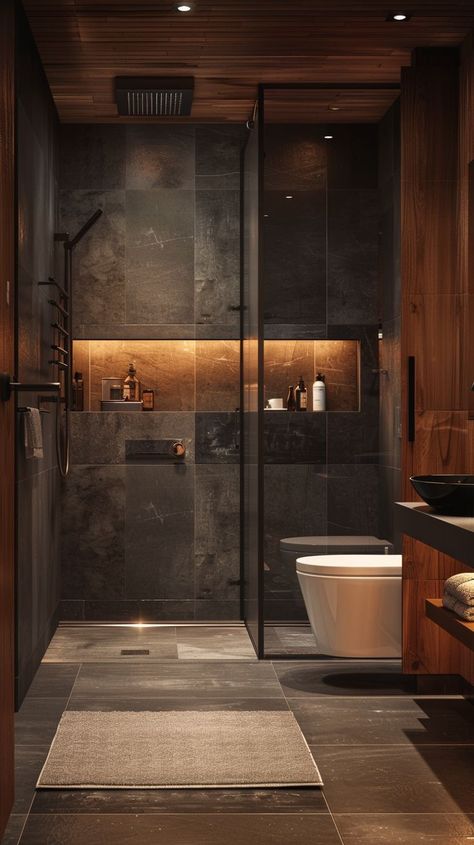 Mens Luxury Bathroom, Rustic Modern Shower Ideas, Bathroom With Shower Cabin, Dark And Wood Bathroom, Master Ensuite Bathroom Moody, Black And Dark Wood Bathroom, Short Bathroom Ideas, Bathroom Ideas Black And Wood, Dark Tone Bathroom