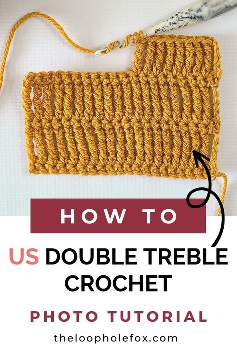 Sometimes you just need a super tall crochet stitch. That's where the US Double Treble Crochet comes in! Not to be confused with the UK's dtr, this stitch is 2x as tall as a double crochet and is commonly used in lacy patterns or for cables. Learn how to crochet the tall and lanky US Double Treble Crochet with this crochet tutorial. Double Treble Crochet Tutorials, How To Do A Double Treble Crochet Stitch, Dtr Crochet Stitch, Double Triple Crochet Stitch, Tall Crochet Stitches, Treble Stitch Crochet, Half Treble Crochet Stitch, Double Treble Crochet Stitch, Crochet Stitches Uk