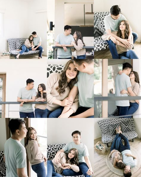 Prenuptial Photoshoot Outfit, Cozy Prenup Ideas, Prenup Photoshoot Ideas Indoor, Cozy Prenup Shoot, Prenup Photoshoot Studio, Indoor Prenup Shoot Outfit, Diy Prenup Photoshoot Ideas, Pre Nup Shoot Ideas Casual, Casual Prenup Outfit