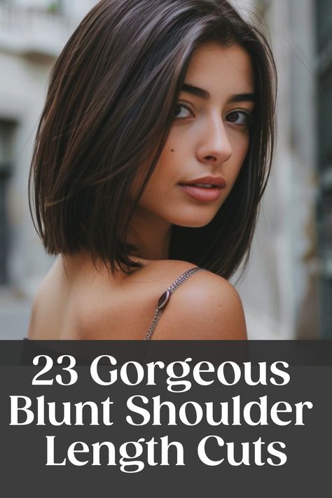 Woman with straight, shoulder-length hair looking over her shoulder, promoting 23 gorgeous blunt shoulder length cuts. Becky G Bob Haircut, Medium Length Hair Straight Cut, Haircut Straight Hair Women, Short Length Haircut Straight, Medium Haircut Ideas For Thick Hair, Fine Hair Lob Shoulder Length, On The Shoulder Haircut, One Length Shoulder Length Hair, Straight Bob Haircut Shoulder Length