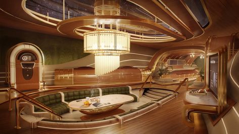 ArtStation - Neo Deco Space Lounge, Raphael Galeuchet Neo Deco Interior, Sci Fi Lounge, Retro Futurism Interior, Futuristic Art Deco, Space Yacht, Mcu Visuals, Retro Futuristic Interior, Her Wallpaper, Neo Deco