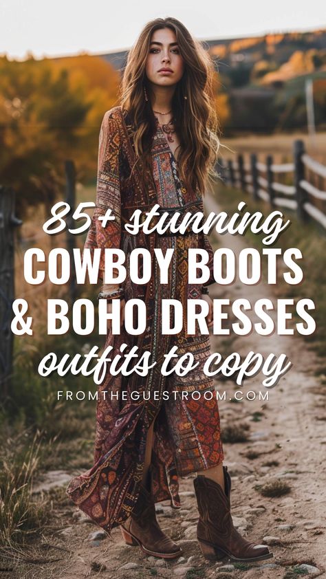 a woman wears a boho dress and cowboy boots, western outfits Western Long Sleeve Dress, Freebird Boots With Dress, Boho Maxi Dress With Boots, Cowboy Hat Outfit Fall, Fall Outfits Women Boho, Short Cowboy Boots With Dress, Cowgirl Cute Outfits, Fall Outfits Women With Cowboy Boots, Cute Dress With Cowboy Boots