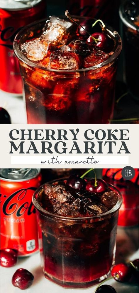 This delicious coca cola margarita is inspired by both an Italian margarita and a batanga. Fresh cherries are mashed with lime juice and shaken with amaretto and tequila. Top with your cola of choice and enjoy! Cherry Coke Italian Margarita, Cherry Coke Margarita, Cherry Cola Cocktail, Cherry Coke Mixed Drink, Italian Cherry Margarita, Tequila Coke Drinks, Bar Mixed Drinks, Cherry Coke Cocktail, Amaretto Margarita Recipe