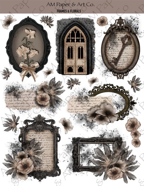 Gothic Frames & Florals Stickers Cute Asthetic Crafts, Vintage Stickers Printables, Journal Stickers Free Printable, Printable Journal Stickers, Printable Stickers Aesthetic, Sticker For Scrapbook, Paper Crafts Printable, Gothic Frames, Stickers Bonitos