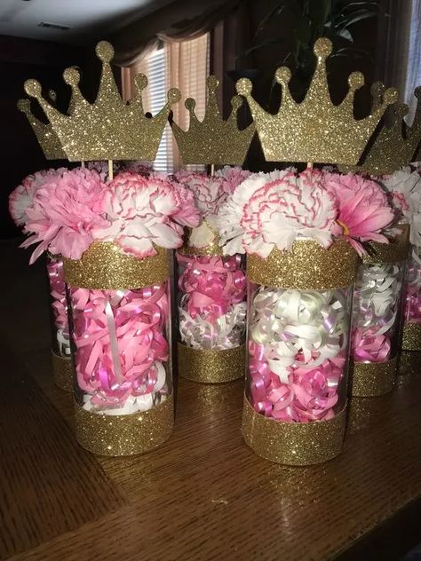 75+ Inexpensive DIY Baby Shower Centerpiece Ideas that can be made with Dollar Store Items - HubPages Princess 1st Birthday Party Decoration, Mason Jar Diy Decor, Princess Baby Shower Centerpieces, Princess Centerpiece Ideas, Princess Birthday Centerpieces, Princess Baby Shower Ideas, Princess Party Centerpieces, Perlengkapan Bayi Diy, Princess Centerpieces