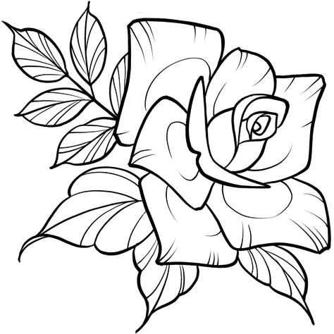 This rose is a classic staple of tattoo culture — iconic and simple, but a symbol of beauty and elegance. Ornamental Flower Tattoo Design, American Traditional Mom Tattoo, Easy Thigh Tattoos, Rose Tattoo Stencil Outline, Tat Sketches, Tattoo Stencils Outline For Women, Dope Coloring Pages, Stencil Tattoos, Tattoo Design Stencil