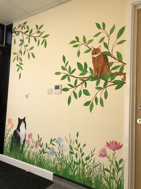 Hand Painted Nursery Wall Murals, Wall Painting For Garden, Grass Painting On Wall, Cat Wall Painting, Easy Flower Wall Painting, Grass Wall Painting, Cat Mural Ideas, Flower Wall Painting Simple, Mural Art Simple