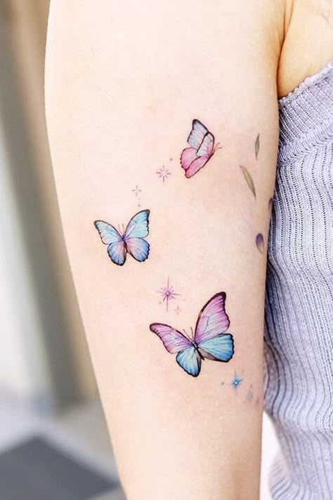 Butterflies Light Blue Butterfly Tattoo, Auntie Tattoo, Minimal Symbols, Ryan Tattoo, Tatoos Woman, Tattoo Bunt, Tiny Butterfly Tattoo, Pixie Tattoo, Watercolor Butterfly Tattoo