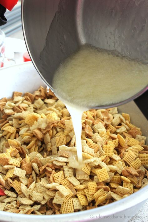 Sweet Sticky Chex Mix - Garden Seeds and Honey Bees Corn Syrup Chex Mix Recipes, Sticky Chex Mix Recipe, Corn Chex Recipes Sweets, Chex Mix With Corn Syrup, Chec Mix Recipe, Chex Mix With Karo Syrup, Sweet Chex Mix Recipes Corn Syrup, Harvest Chex Mix Candy Corn, Trail Mix With Honeycomb Cereal