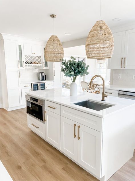 White Coastal Kitchen Remodel for 2022 - Just Simply Mom Coastal Chic Kitchen Island, White Kitchen Designs Modern, White Kitchen Cabinets Blonde Floors, White Coastal Farmhouse Kitchen, Cozy White Kitchen Ideas, White And Gold Coastal Kitchen, White Beachy Kitchen, Light And Airy Kitchen Design, White Kitchen With Light Floors