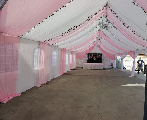 Pink And White Tent Draping, Tarps For Outdoor Party, Canopy Draping Party, Pink Drapes Party, Pink Tent Party, Pink And White Birthday Party Ideas, Birthday Tent Decorations, Baby Shower Tent Decorations, Canopy Party Decorations