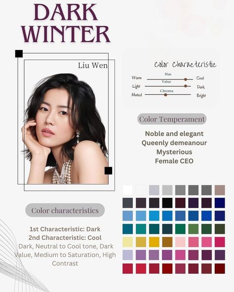 Makeup By fei | Dark Winter Celebrity #darkwinter #darkwintercolors #darkwinterpalette #darkwinterpalette #seasonalcolor #seasonalcoloranalysis… | Instagram True Winter Examples, Dark Winter Pallette, Dark Winter Jewelry, Deep Winter Palette Makeup, Cool Winter Makeup Looks, Dark Winter Color Palette Makeup, Dark Winter Celebrities, Dark Winter Makeup Looks, Deep Winter Makeup Looks