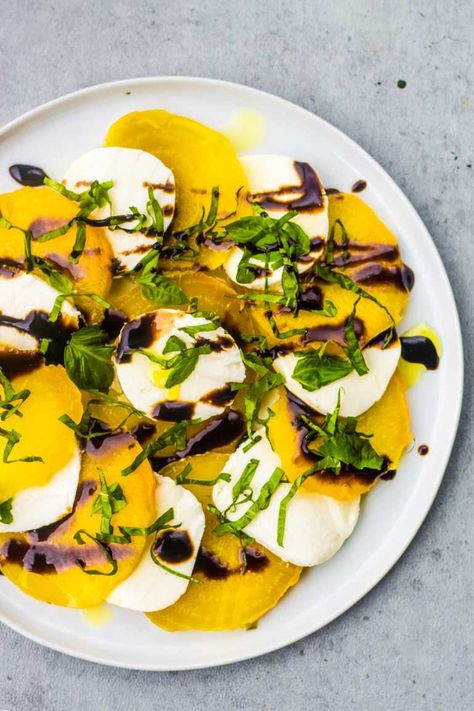 Roasted Yellow Beets, Yellow Beets, Tomato Caprese, Yellow Tomatoes, Beet Recipes, Healthiest Seafood, Balsamic Reduction, Roasted Beets, Beet Salad