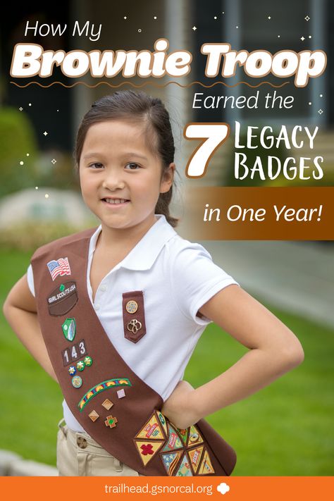 After earning all their Daisy petals (and two financial literacy leaves) in one year, this troop of newly-minted Brownies set their sights on the 7 Brownie badges in the Legacy tier—and earned them all!Here’s how they did it so your troop can get there too! Brownie And Daisy Badges, Brownie Troop Leader, Brownie Patches To Earn, Daisy And Brownie Badges That Go Together, Brownie Year Planning, Brownie Scout Activities, Brownie Democracy Badge Ideas, Brownie Badges 2023, Brownie Badges Requirements