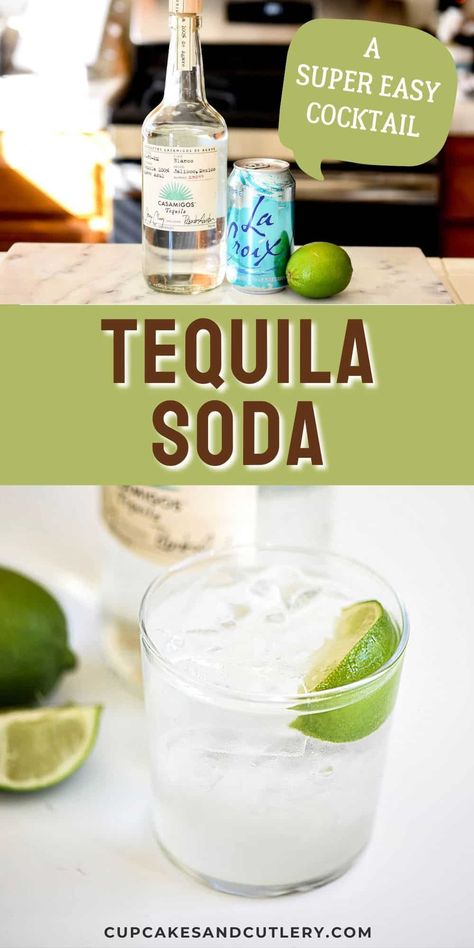 How to make an easy tequila soda cocktail. It's a super refreshing, non-sweet tequila drink that needs only 3 ingredients. Club Soda Drinks, Flavored Tequila, Tequila Soda, Alcoholic Treats, Tequila Recipe, Drink Before Bed, Flavored Sparkling Water, Best Tequila, Soda Recipe