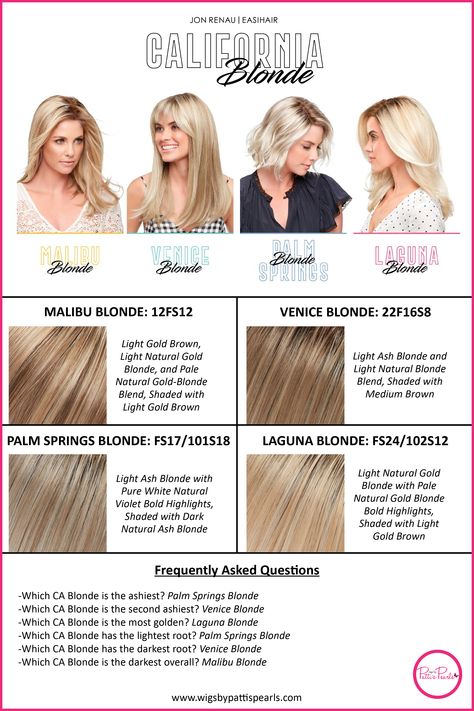 Have you ever wondered about the differences between the Jon Renau California Blondes? We have answered some frequently asked questions about these popular colors! California Blonde Hair, Blonde Color Chart, Blonde Hair Color Chart, Wig Tips, California Blonde, Blond Wig, California Hair, Wig Care, Wig Colors