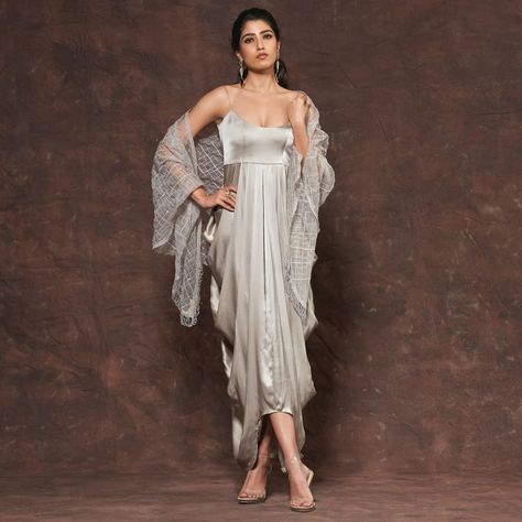 Shyamal & Bhumika on Instagram: “A shadow grey cowl dress teamed with an abstract tonal and silver embroidery dupatta. . Kindly WhatsApp us on +91-9833520520 for more…” Asymmetric Gown, Ruffle Dupatta, Sanjeev Kumar, Shyamal And Bhumika, Ramp Walk, Usa Trip, Wedding Saree Blouse, Cowl Dress, Eid Dresses