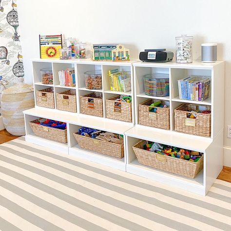 Best Playroom Organization, Basement Playroom Storage, Diy Toy Shelves, Kid Playroom Organization, Kallax Kids Room, Playroom Shelf, Boy Toy Storage, Minimalist Playroom, Playroom Storage Ideas