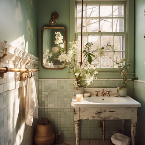 Forest Cottage Bathroom, Vintage Floral Bathroom Ideas, Cottagecore Master Bath, Colorful Cottage Bathroom, Cottagecore Half Bathroom, Cream Green Bathroom, Revamp Old Bathroom, Vintage Cottage Bathroom Ideas, Green Brown Bathroom