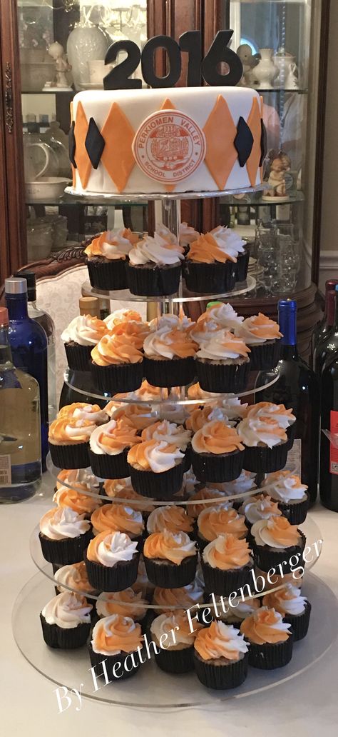 Perkiomen Valley high school orange and black graduation cake and cupcake tower Orange And Black Party Ideas, Graduation Orange And Black, Black And Orange Graduation Party, Graduation Cupcake Tower, Black And Orange Cupcakes, Graduation Cake And Cupcake Ideas, Graduation Party Ideas Orange And Black, Orange And Black Graduation Cake, Black And Orange Graduation Party Ideas