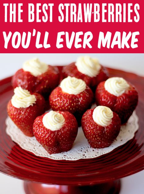 Strawberry Desserts Cream Cheese, Stuffed Strawberry Recipes, Strawberry Cream Cheese Appetizer, Dip For Strawberries Cream Cheese, Easy Desserts With Strawberries Simple, Cream Filled Strawberries, Easter Cream Cheese Desserts, Cream Cheese Filling For Strawberries, Strawberry Filled With Cream Cheese