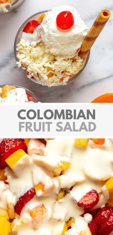 Colombian Fruit Salad Recipe Colombian Fruit Salad, Latin American Dishes, Colombian Dessert Recipes, Colombian Womens Fashion, Colombian Desserts Easy, South American Dessert Recipes, Easy Columbian Recipes, Authentic Colombian Recipes, Colombian Party Food