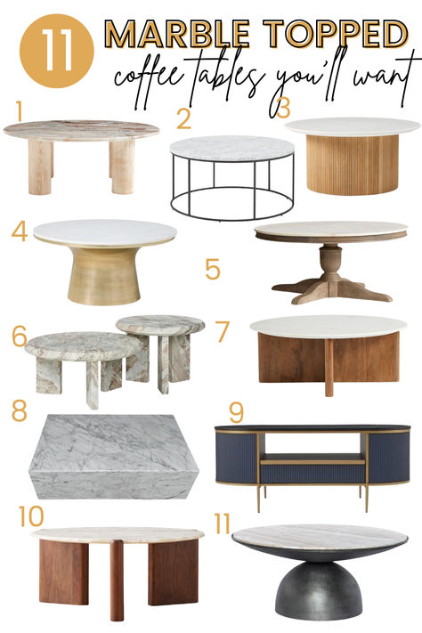 Marble home decor is an easy way to add old world charm to your space. These marble topped coffee tables are so chic, I want them all. I also include a more affordable option that looks so good, you'll never believe the price. Click the link to head to the post and see all of the options. Marble Nesting Tables, Marble Home Decor, Marble Coffee Tables, Marble Top Coffee Table, Marble Home, New York Loft, Top Furniture, Fruit Bowls, Marble Coffee Table