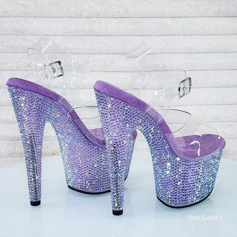 Bejeweled Collection 7" Heel,(17.75cm) 2 3/4" Platform (7cm) Clear Upper Ankle Strap Entire Platform Bottom Fully Encrusted W/Iridescent Sparkle Resin Rhinestones Soft Cushioned Foot-Bed For Comfort New In Box Authorized Pleaser Dealer For Over 10 Years - Twf.Shoes Pleaser Heels, Platform Flip Flops, Pleaser Shoes, Fantastic Shoes, Ankle Strap Sandals Heels, Girly Shoes, Mood Board Fashion, Lilac Purple, High Heels Stilettos