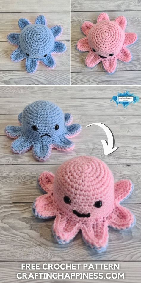 Crochet Reversible Octopus Plush Mood Toy, no sewing required. Free crochet pattern and step by step video tutorial by Crafting Happiness. Cute Octopus Crochet Pattern Free, Diy Reversible Octopus, Octopus Yarn Craft, Reversible Mood Octopus Crochet Pattern Free, Crochet Amigurumi Free Patterns Octopus, Reversable Octopus Crochet Pattern, Crochet Reversable Octopus, Reversable Octopus Plushy Aesthetic, Reverse Octopus Crochet