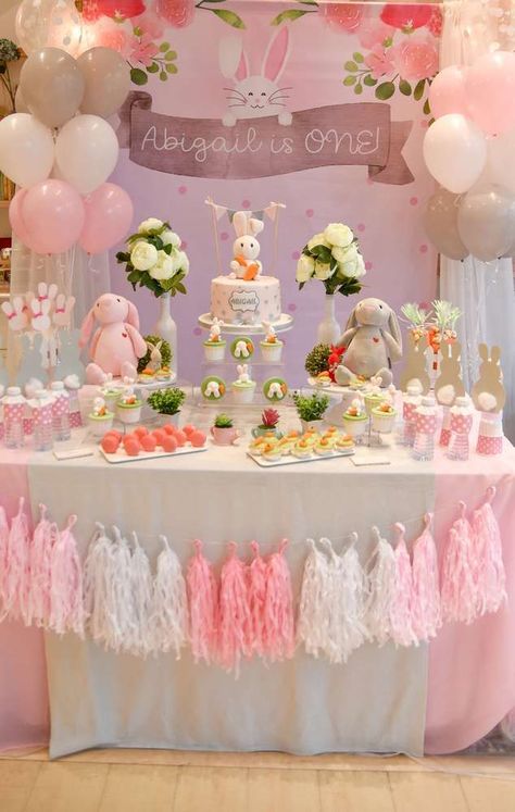 Loving this gorgeous Oh! My Bunny 1st Birthday Party! The dessert table is a dream! See more party ideas and share yours at CatchMyParty.com #catchmyparty #partyideas #bunnyparty #bunnyrabbit #easterparty #easter #girlbirthdayparty Bunny Theme Party Decor, Some Bunny Turns One Party Ideas, Easter Party Theme Ideas, Some Bunny Birthday Party, Bunny Party Ideas Birthdays, Bunny Theme 2nd Birthday Party, Bunny Bday Party Ideas, Somebunny Is Turning One Decorations, Bunny Decorations Party Ideas