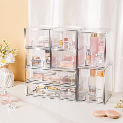 Stackable Storage Drawers Set of 3, 12" Wide and 4.4'' Tall Clear Plastic Organizer Bins for Makeup, Cosmetics, Beauty Supplies,Ideal for Vanity, Bathroom,Cabinet,Pantry Organization Makeup Vanity Cabinet, Acrylic Bathroom, Plastic Organizer, Organization And Storage, Plastic Storage Bins, Acrylic Organizer, Stackable Storage, Vertical Storage, Ceiling Fan In Kitchen