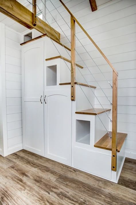 The Kitty Hawk Tiny House by Modern Tiny Living Tiny Cabin Stairs, Diy Tiny House Stairs, Stairs In Tiny House, Pull Down Loft Stairs, Tiny Home Loft Stairs, Tiny House Loft Stairs, Tiny House Stairs Storage, Tiny House Stairs Ideas, Furniture Stairs