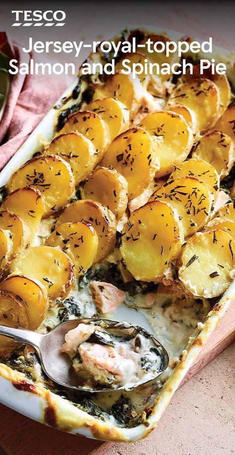 Salmon New Potatoes, Salmon Sunday Dinner Ideas, Salmon And Potato Recipes, Salmon Pie Recipe, Spinach And Salmon, Tesco Recipes, Something Different For Dinner, Salmon Pie, Royal Recipe