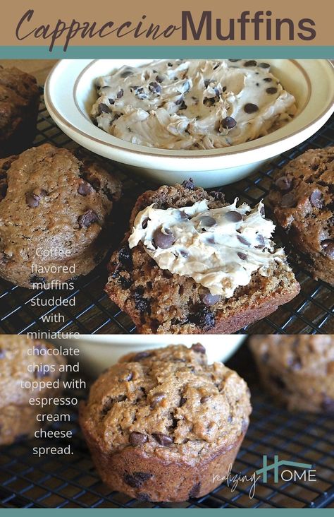 Cappuccino Chip Muffins, Cappuchino Muffins, Cappuccino Chocolate Chip Muffins, Cappuccino Muffins Recipes, Flavored Cream Cheese Recipes, Diy Muffins, Espresso Muffins, Muffin Monday, Cappuccino Muffins