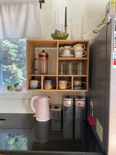 "~ \"The Danielle\" is designed for mugs, a French press, and glasses ~ The overall dimensions are 18.5\"H x 22\"W x 12\" deep, the top left cubby is 12\"H x 10.5\"W, the right two cubbies are 5.5\"H x 10.5\"W, and the bottom cubbies are 5\"H x 5\"W ~ Our products are made with aged lumber from our family farm in Indiana, no store-bought or pine wood is used when making our shelves. Wood character and wormholes are free with every purchase ~ Please note that hanging hardware is not included as \"The Danielle\" can be hung in different directions~ ~ Please kindly remember that all of our products are handmade, so no two are exactly like the example picture.  Once we have shipped your item, only the shipping company has control over when you will receive your order.  Grazie!!" Coffee Nook Countertop, Kitchen Mug Organization, Coffee Bar Mug Storage, Mug Shelf Display Diy, Mug Cupboard, Kitchen Coffee Shelf, Coffee Shelf Ideas, Coffee Cup Storage Ideas, Mug Shelf Display