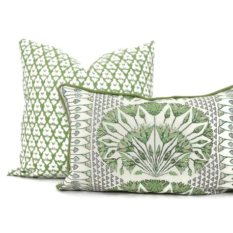 Celery Green Bedding, Thibaut Pillows, Outdoor Pillows Ideas Color Schemes, Rental Home Decorating, Printed Fabric Sofa, Green Accent Pillows, Blue Green Throw Pillows, Conservatory Interiors, Green Accent Pillow