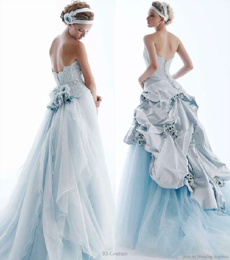 Light baby blue wedding gown with bustle detail from RS Couture by Renato Savi Baby Blue Wedding Dresses, Blue Bridal Dress, Light Blue Wedding Dress, French Blue Wedding, Blue Wedding Gowns, Colored Wedding Gowns, Baby Blue Weddings, Colored Wedding Dress, Light Blue Wedding