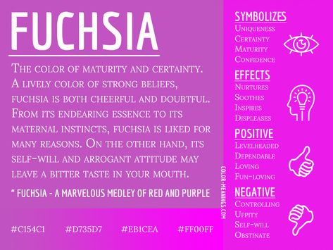 Fuchsia Color Meaning - The Color Fuchsia Symbolizes Maturity and Certainty What Do Colors Mean, Colour Psychology, Color Symbolism, Color Healing, Fuchsia Flower, Color Personality, Colors And Emotions, Color Meanings, Aura Colors