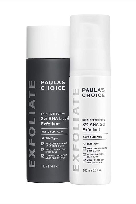 Paula's Choice-SKIN PERFECTING 8% AHA Gel Exfoliant & 2% BHA Liquid Duo-Facial Exfoliants for Blackheads Enlarged Pores Wrinkles and Fine Lines Face Exfoliators w/ Glycolic Acid Salicylic Acid Exfoliation Routine, Paula's Choice Skincare, For Blackheads, Skin Care Basics, Paula's Choice, Paulas Choice, Facial Exfoliator, Exfoliate Face, Enlarged Pores