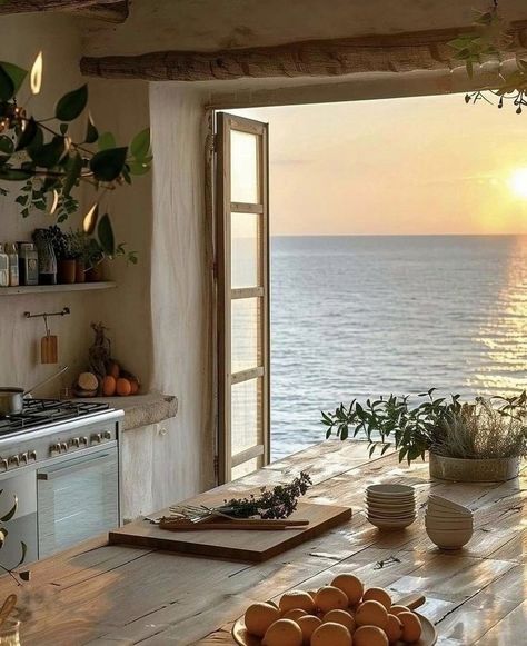 Italian Summer Kitchen, Italian Morning Aesthetic, At Home Cooking Aesthetic, Dreamy Vibes Aesthetic, Amalfi Coast Interior Design, Aesthetic Cooking Photos, Amalfi Coast House, Italian Coast Aesthetic, Amalfi Kitchen