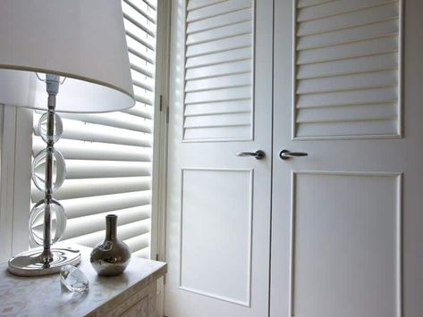 Louvered Wardrobe, Louvre Doors, Louvered Doors, Light Paint Colors, Laundry Doors, Custom Shutters, Linen Cupboard, Cottage Exterior, Door Inspiration