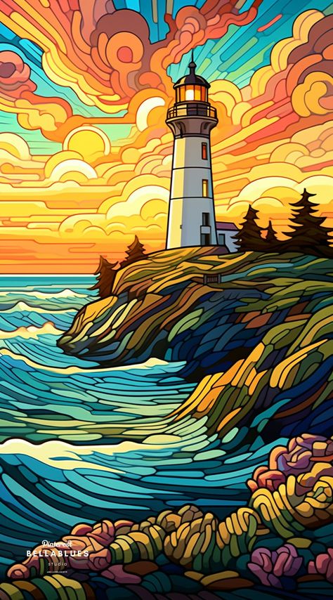 #CoastalLighthouse #SeasideBeacon #LighthouseViews Description: Discover the charm of coastal lighthouses guiding ships to safety. Light House Paintings, Light House Art, Stair Art, Stain Glass Window Art, Canvas Art Painting Acrylic, Lighthouse Painting, Sunrise Art, Lighthouse Art, Glass Window Art