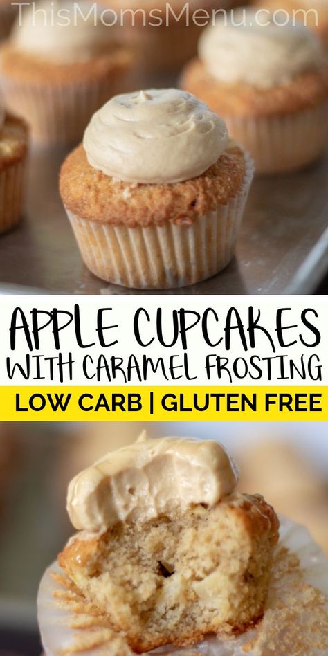 Low Carb Apple Cupcakes with Caramel frosting - These Low Carb Apple Cupcakes with Caramel Frosting are the perfect fall treat, combining the classic flavors of tart apples and sweet and salty caramel! #thismomsmenu #keto #ketorecipe Cupcakes With Caramel Frosting, Cupcakes With Caramel, Salty Caramel, Apple Cupcakes, Low Carb Low Fat Recipes, Streusel Muffins, Caramel Frosting, No Carb Recipes, Apple Dessert Recipes