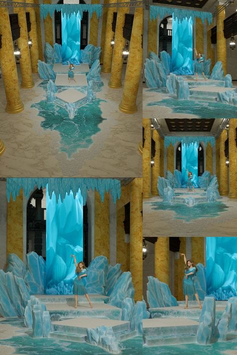 Ice Interior Design, Waterfall Stage Design, Ice Set Design, Frozen Stage Design, Frozen Set Design Ideas, Frozen Set Design, Frozen Jr Set Design, Arctic Decorations, Snow Bar