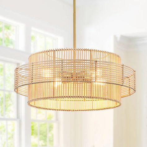 Bay Isle Home Gimlet 4 - Light Dimmable Drum Chandelier | Wayfair Bohemian Chandelier, Kitchen Appliance Set, Enclosed Porch, Cage Chandelier, Gimlet, Rattan Shades, Geometric Chandelier, Nursery Furniture Sets, Drum Chandelier