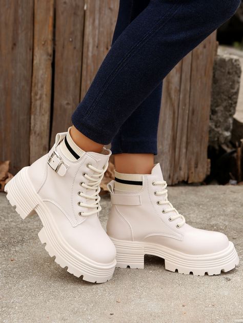 Beige Preppy Collar   Striped Combat Boots Embellished   Women Shoes Boots For Teenage Girl, Christmas Idea, Sock Boots, Boots Women Fashion, Timberland Boots, Fashion Boots, Combat Boots, Women Fashion, Womens Boots